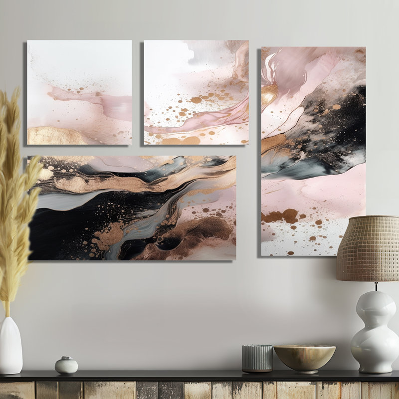 «Pink Gold Splash», art mural en marbre abstrait 4 pièces, Toile tendue, Ne s’applique pas