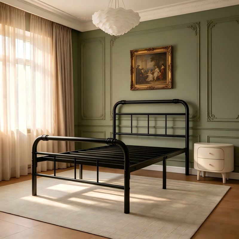 Structure de lit simple de 14 pouces avec tête et pied de lit de style victorien, lit plateforme avec lattes en métal, aucun sommier requis, rangement sous le lit, assemblage facile, noir