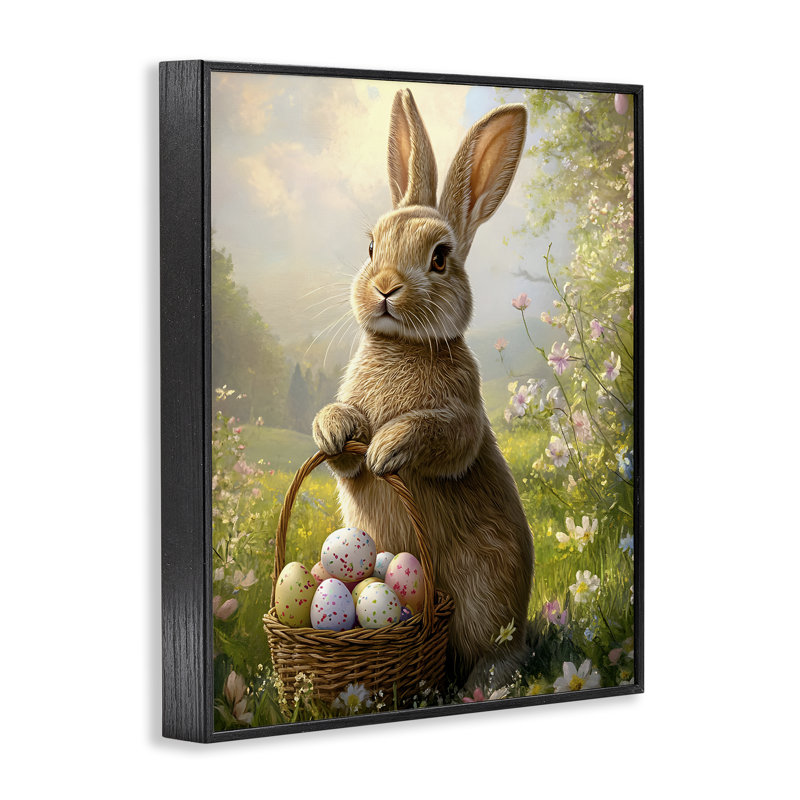 Lapin avec panier de Pâques, estampe numérique, design par Franklyn Gregory, H 20 po x l 16 po, Giclée encadrée noir minuit