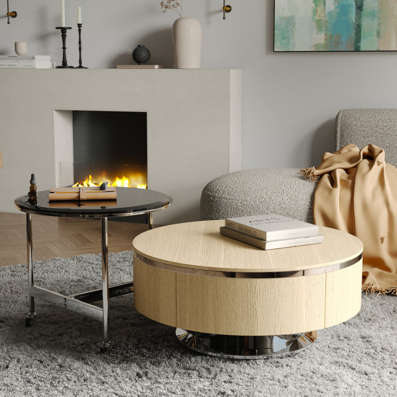 Round Nesting Coffee Table , Light Yellow Wood, Silver