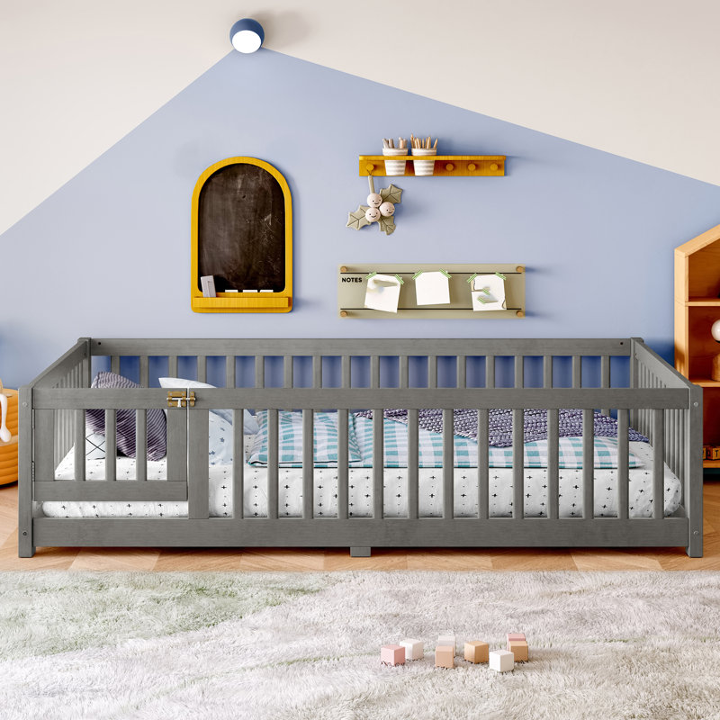 Gray Full Floor Bed Frame with Safety Guardrails and Door, Kids Low Profile Platform Bed, Full