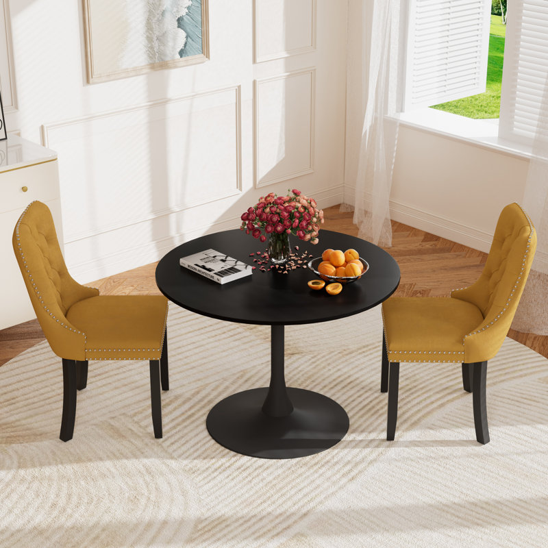 Round Pedestal Dining Set with 2 chairs, Black/Black, Yellow