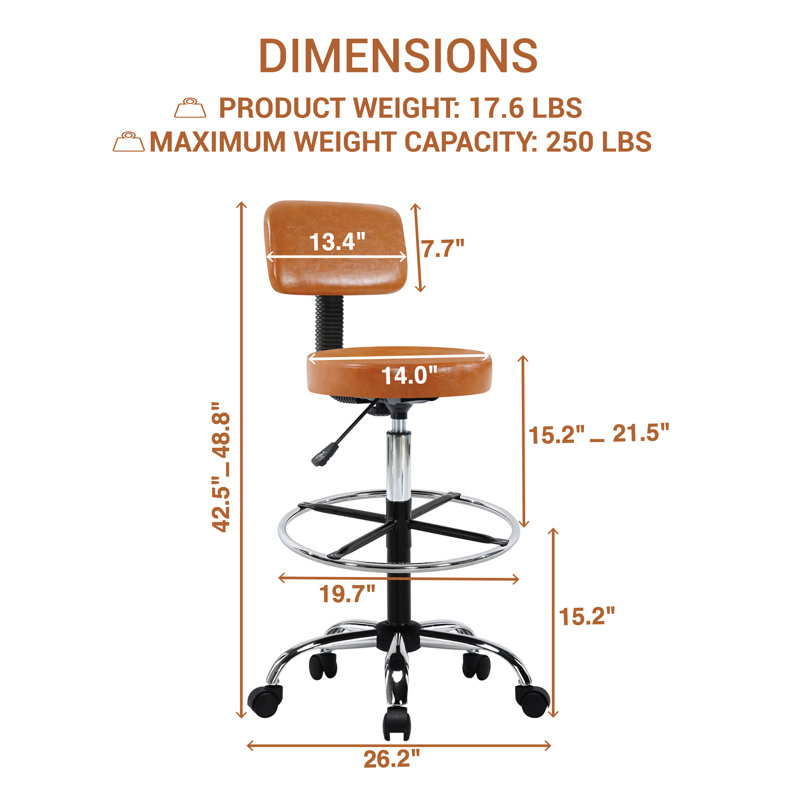 Miyana Comfy Adjustable Drafting Stool with Footrest, Adjustable Height, Caramel