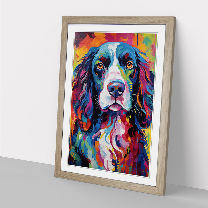 English Springer Spaniel Expressionism - Single Picture Frame Print on Wood, 46cm H x 34cm W x 2cm D, Oak
