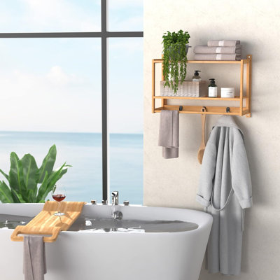 Tablette murale en bambou avec barre à serviettes, 3 crochets, tablettes de rangement murales, 2 niveaux, support de rangement, finition naturelle