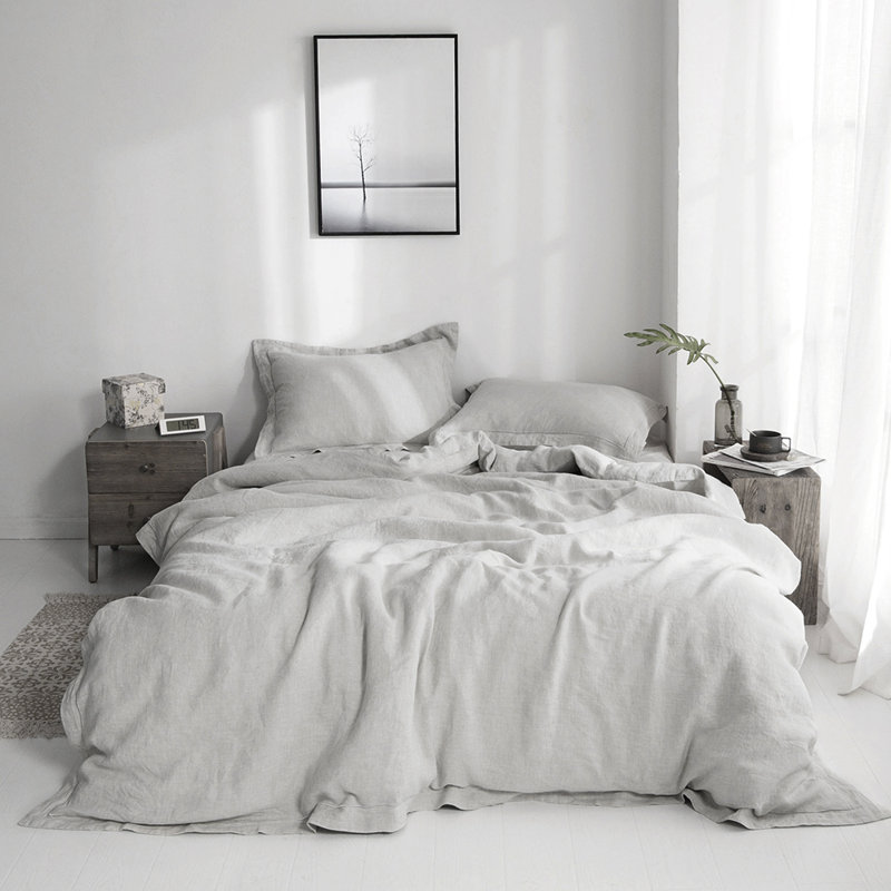 100% Linen Duvet Cover Set, Queen Duvet Cover + 2 Shams, Gray