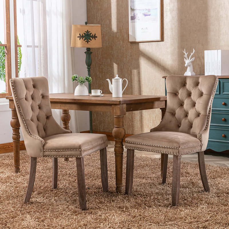 Ensemble de 2 pièces, chaise de salle à manger en bois massif touffeté kaki avec garniture cloutée