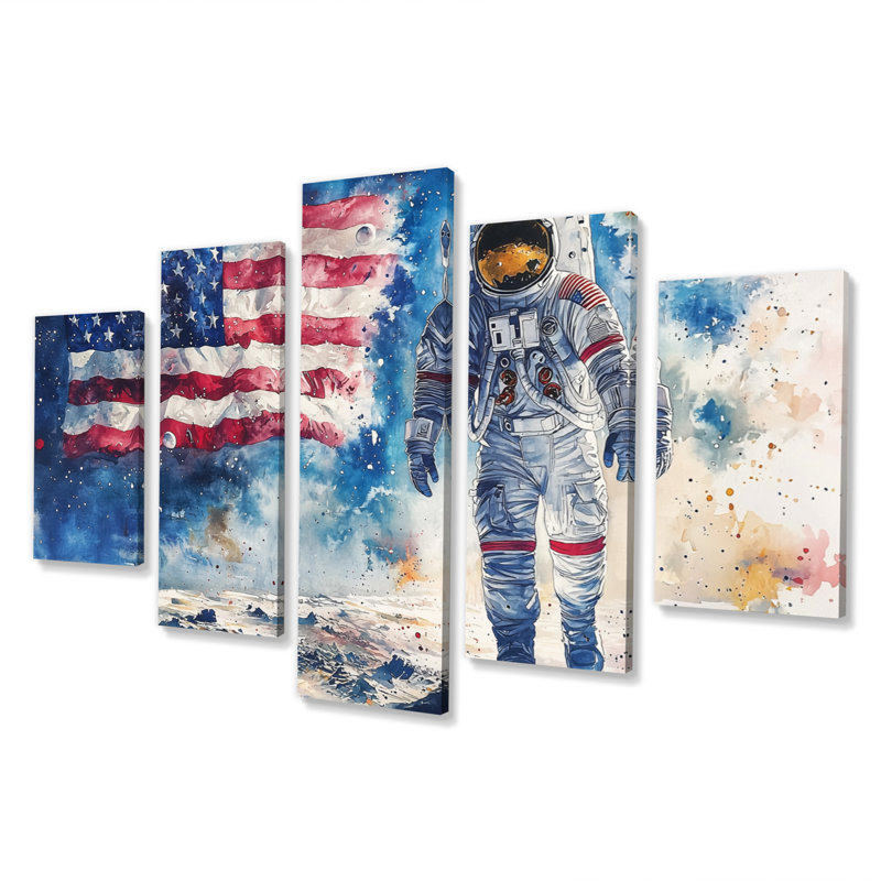 Drapeau des États-Unis sur l'atterrissage de la lune IV - art mural espace - ensemble d'art mural astronomie 5 pièces