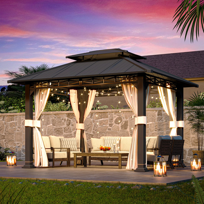 10' x 12' Gray Aluminum Hardtop Patio Gazebo with Curtains