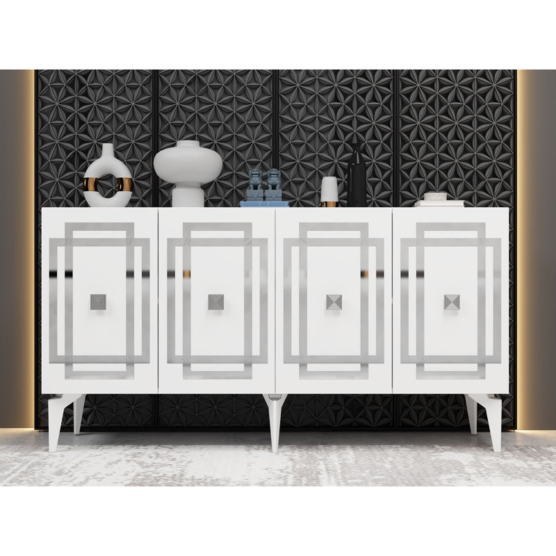 Console moderne à motif géométrique, blanc et argent, panneau de particules 100% mélaminé, épaisseur: 0,7 pouce | Nombreuses tablettes réglables, à fixation murale, conception élégante pour le salon et le vestibule