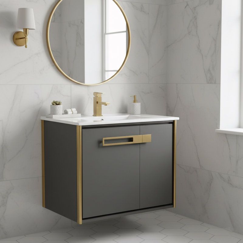 30'' Single Bathroom Vanity with Vitreous China Top, Satin Brass, Onix Gray