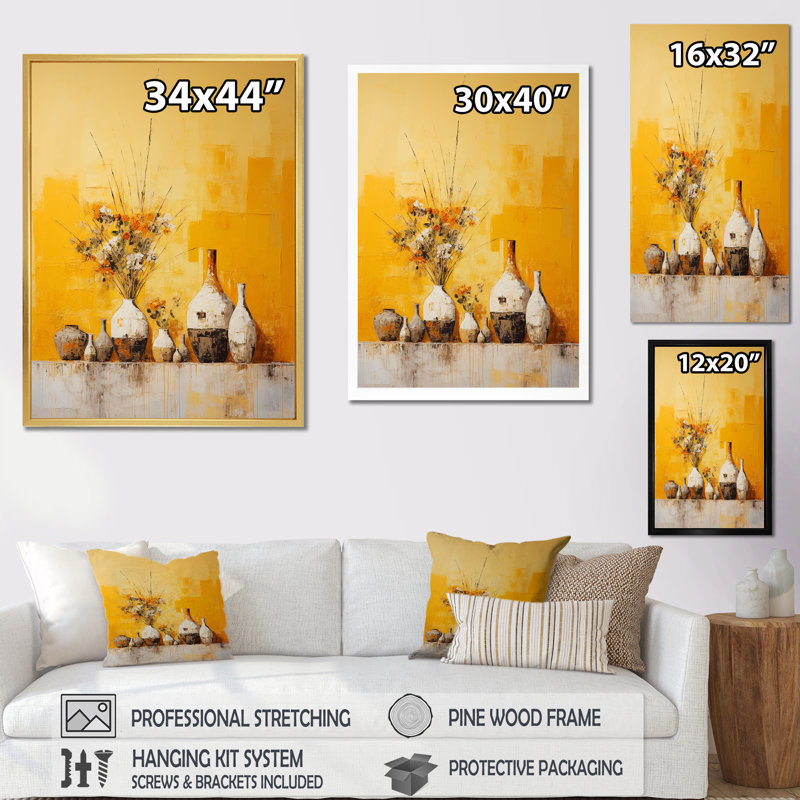 Minimalisme jaune blanc Poteries I sur toile, Toile tendue, H 44 po x l 34 po