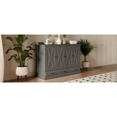 Armoire-lit en bois de pin massif style ferme avec station de charge et grand tiroir de rangement pour bureau à domicile ou petite pièce, double, gris