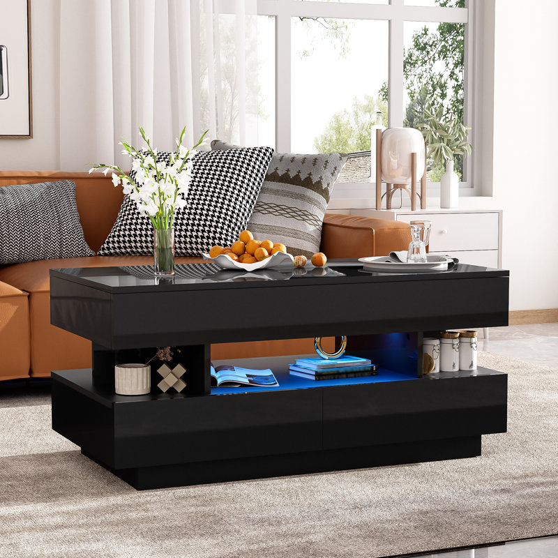 Table basse à plateau relevable avec 2 tiroirs, compartiment caché adéquat