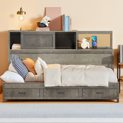 Wooden Daybed With Shelf,3 Storage Dshelfrawers And A Set Of Sockets And Usb Ports, Upper Soft Board by Lark Manor