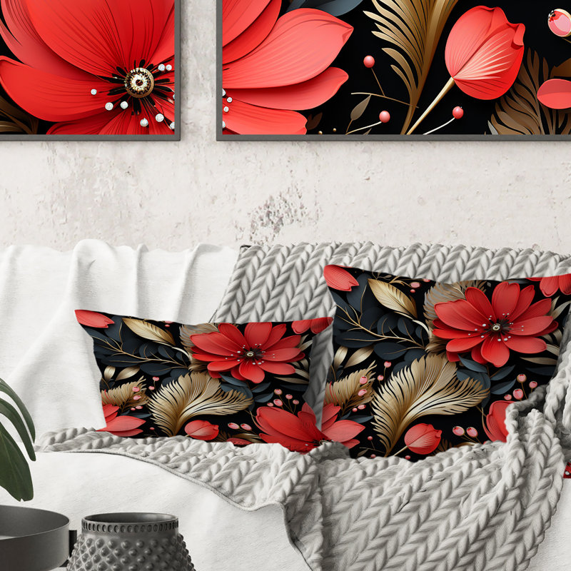 Coussin décoratif imprimé floral rouge Gloden Hollywood Glam, H 18 po x l 18 po