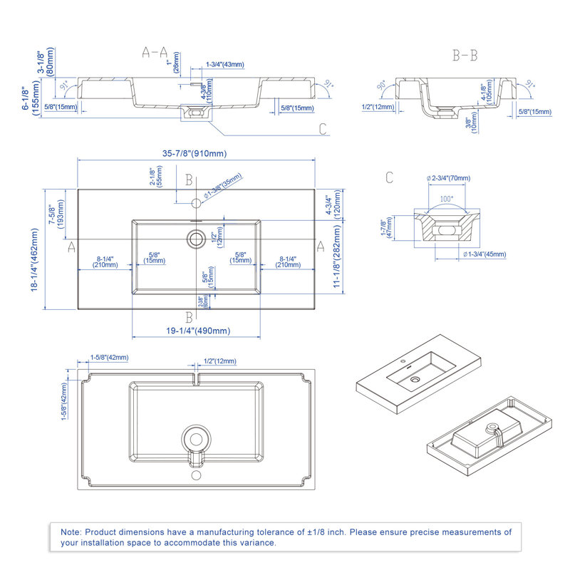 Dowell 36" White Resin Rectangular Drop-In Bathroom Sink with Overflow