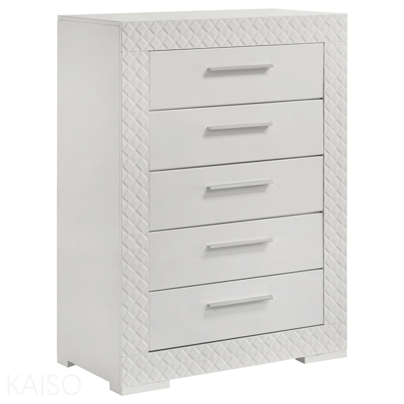 Commode de chambre blanche à 5 tiroirs ultrabrillante, Blanc brillant
