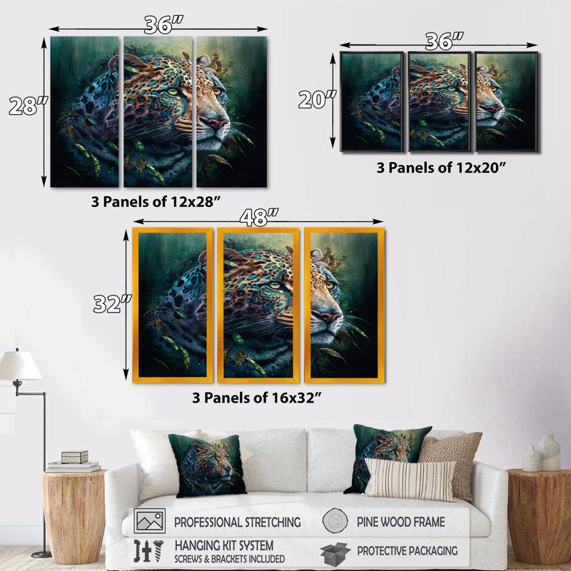 «Jungle Leopard In The Wild», reproduction sur toile 3 pièces, Toile à cadre flottant noir, H 28 po x l 36 po x P 1 po