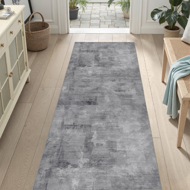 Tapis abstrait lavable à la machine avec envers antidérapant Amott, Gray, 0.28", Tapis de couloir 2 pi x 6 pi