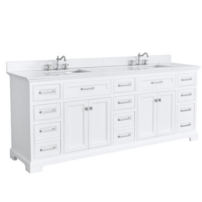 84" White Bathroom Vanity With Engineered Marble Top And Double Sinks