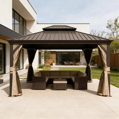 13x15FT Outdoor Gazebo, Hardtop Gazebo with Galvanized Steel Double Roof, Metal Gazebos with Drainage System Patio Pergola for Patio Deck Backyard,Curtain and Netting,Brown