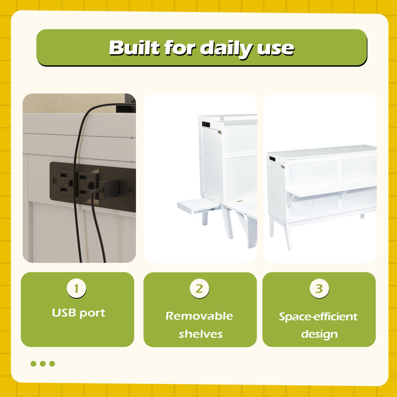Grand lit escamotable avec port USB et tablettes amovibles de chaque côté, Grand lit, Blanc