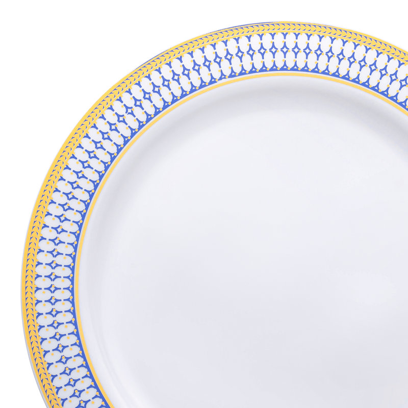 Assiettes / assiettes à salade en plastique blanc avec bordures bleues et dorées (7,5 po)