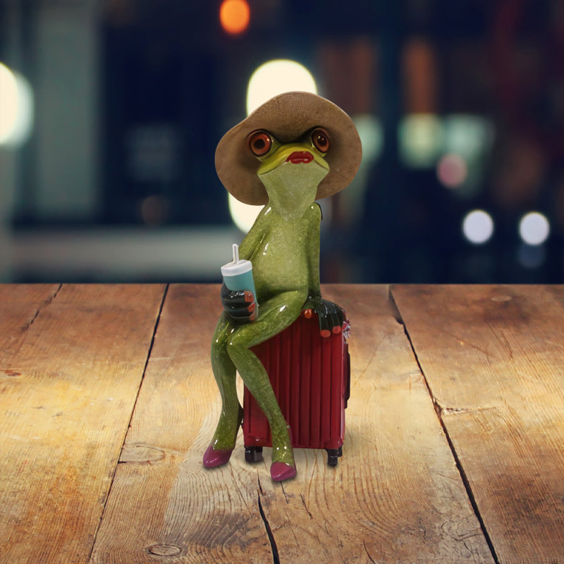 7"H Frog Lady Sitting on Suitcase Figurine