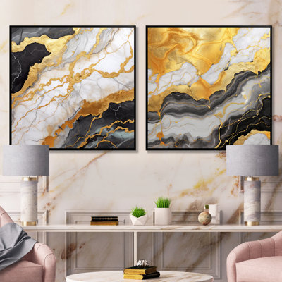 Or et gris abstrait marbre mirage I - ensemble de 2 reproductions d'art en marbre abstrait