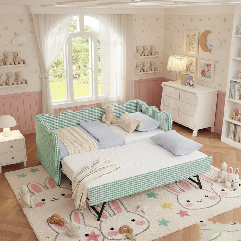 Daybed With Trundle, Sofa Bed, No Box Spring Needed, USB Port, Adorable Wave Shaped, Linen Fabric, Cyan, Twin