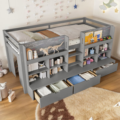Twin Size Low Loft Bed with Multi-Storage Shelves | Curtain Under Bed & Chalkboard, No Box Spring Needed, Gray