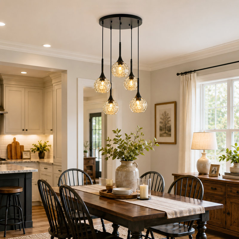 5-Light Cluster Pendant Light With Hammered Amber Glass, Amber