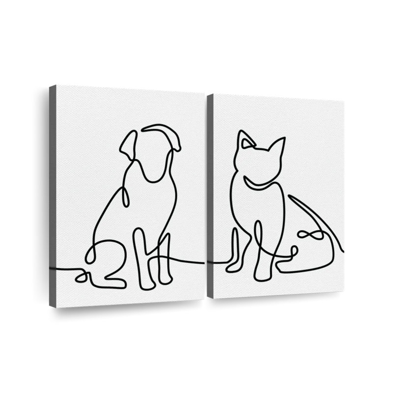 One Line Dog and Cat, reproduction d'art sur toile, H 45 po x l 61 po x P 1,25 po