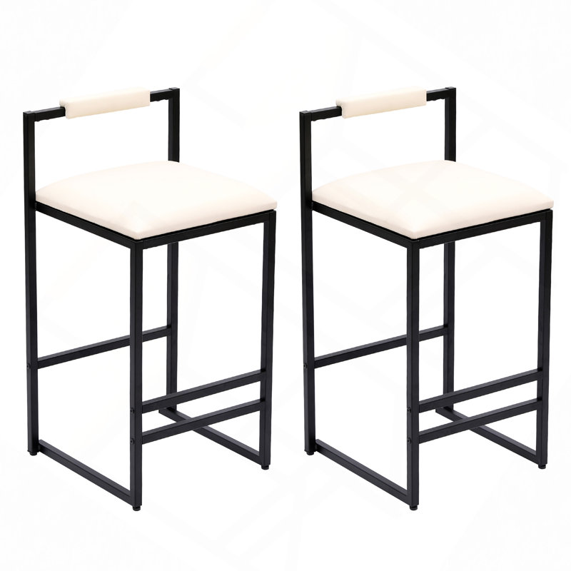 Set Of 2 Barstools Faux Leather Upholstered Bar Stools Metal Frame Dining Chairs For Counter, Kitchen Island, Beige, Black