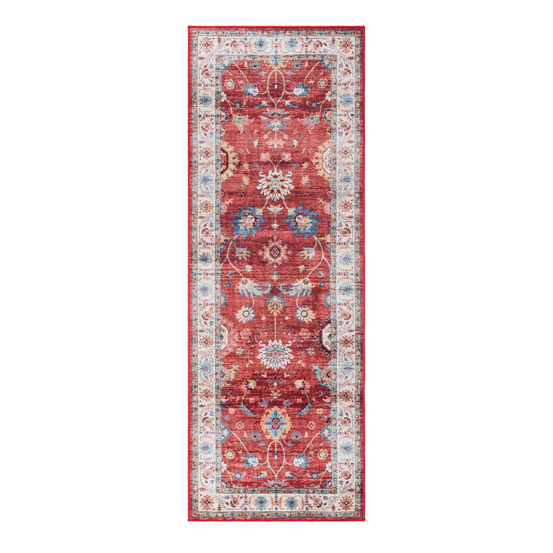 Samira Cullen Machine Washable Floral Border Red Cream Multi Indoor Area Rug, Transitional Flat Pile for Living Room & Bedroom - Red, 2x6 Runner