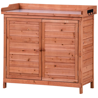 Banc de rempotage 39 po pour l'extérieur, orange avec plateau de table galvanisé, 2 tablettes et crochets latéraux, poste de travail de jardin, orange, tablettes et tablette