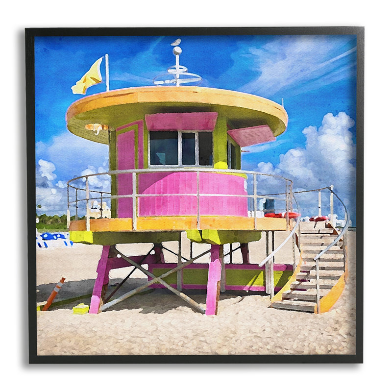 Highland Dunes Pink Lifeguard Hut, H 17 po x l 17 po x P 1,5 po, Giclée encadrée noir minuit