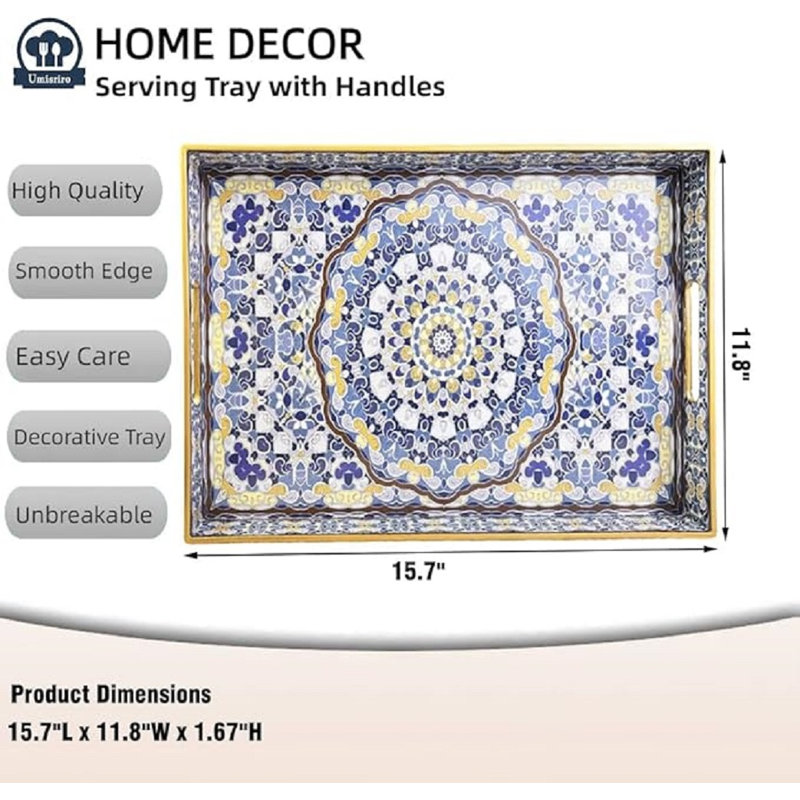 Blue Decorative Tray, Serving Tray With Handles, Plastic Large Tray For Coffee Table, Living Room, Decor, 15.7”*11.8”*1.6"