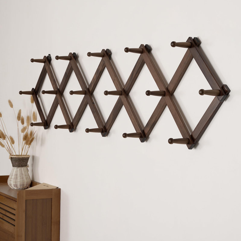 Portemanteau accordéon, portemanteau extensible mural, portemanteau mural en bois massif, 16 piquets, noyer
