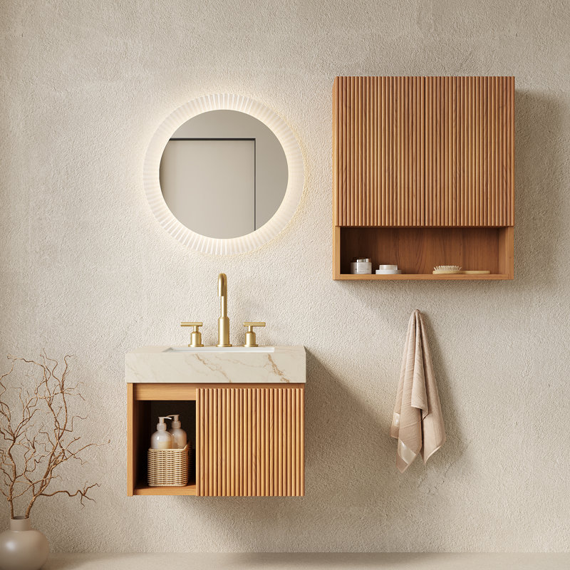 Ensemble de meuble-lavabo mural EIDEN 24 + TOBI 26, meuble-lavabo mural flottant pour salle de bain, plateau en pierre frittée crème or, cuve en céramique, 3 trous de robinet pré-percés, robinet et drain exclus, couleur grain de bois naturel