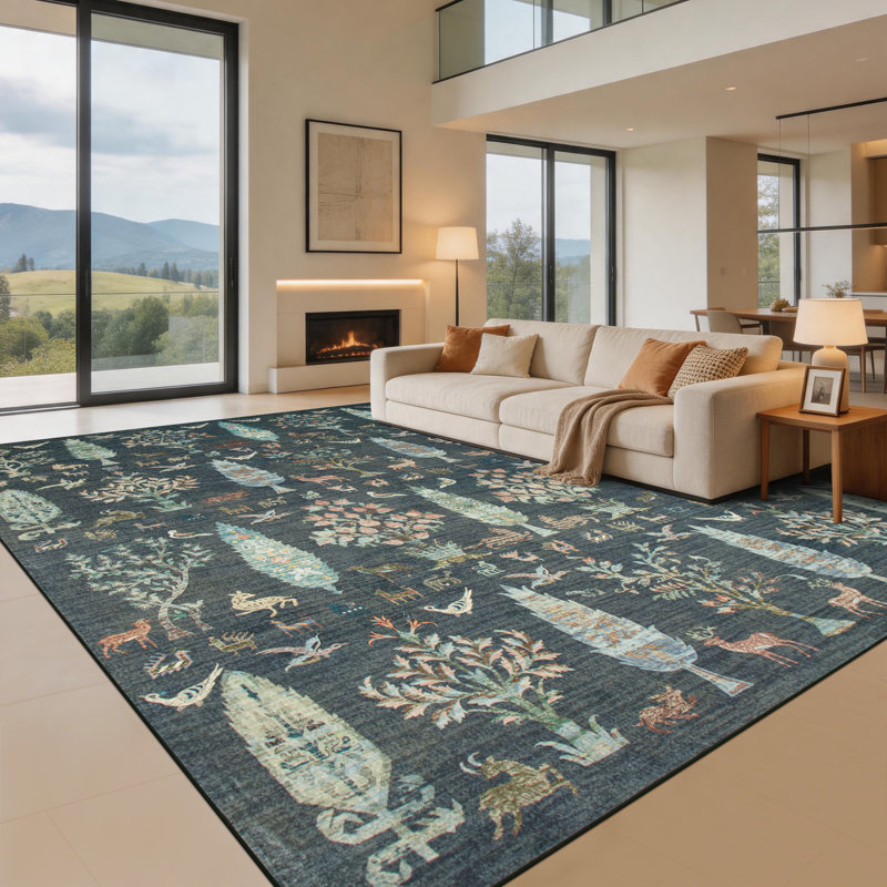 Tapis intérieur lavable à la machine 8 pi x 10 pi à motif abstrait à poils courts avec envers antidérapant vert foncé 8 pi x 10 pi