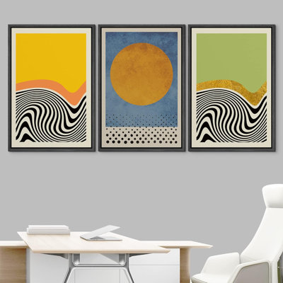 Abstract Vibrant Color Blocks Yellow Blue Green Colorful Artwork Frame Canvas 3 Piece Print Wall Art