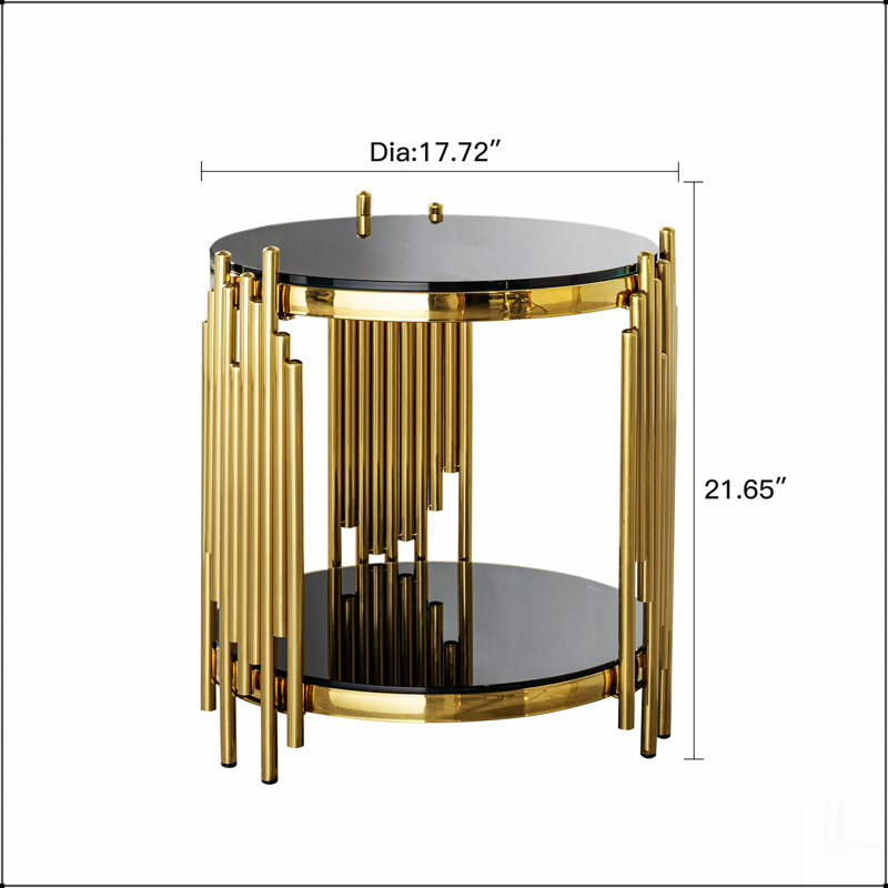 table d'appoint en verre trempé noir double couche table d'angle table d'appoint ronde en acier inoxydable doré pour le salon