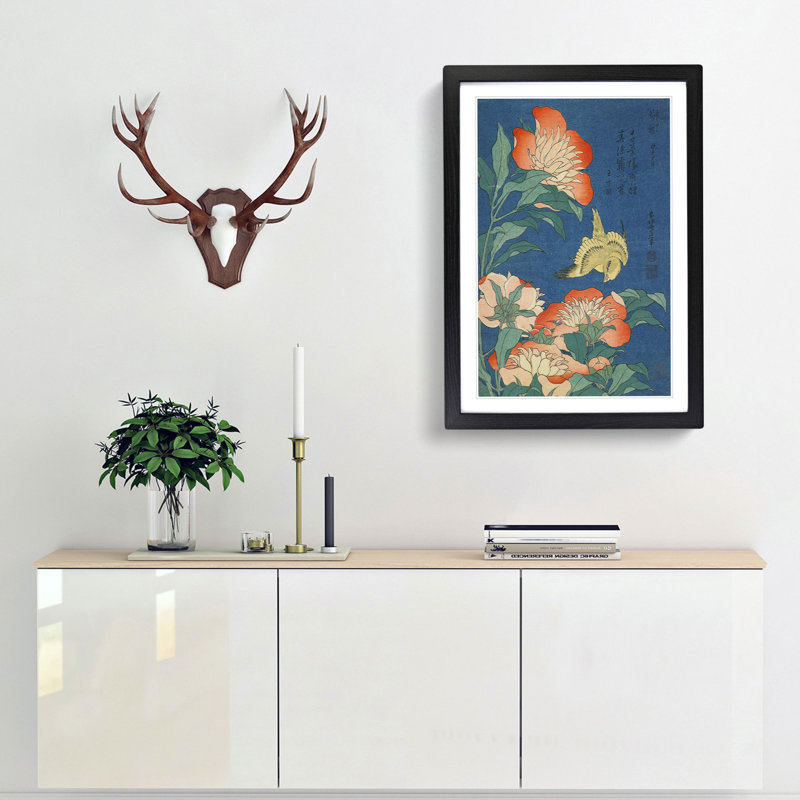 Canary and Peony by Katsushika Hokusai - Picture Frame Painting Print, Black Framed, 65cm H x 48cm W x 2cm D