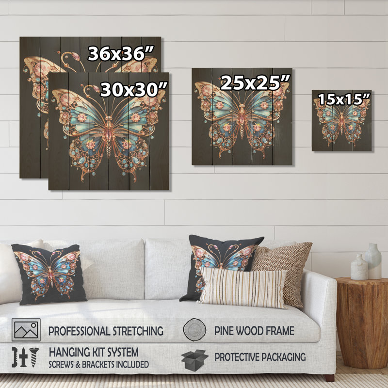 Papillon bleu et rose I - Animal papillon sur bois, H 30 po x l 30 po