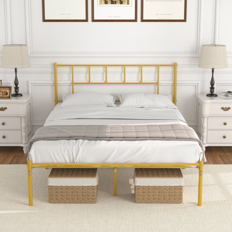 Cadre de lit double, cadre de lit en métal avec tête de lit, lit plateforme en fer sans matelas ni sommier, Double, Or