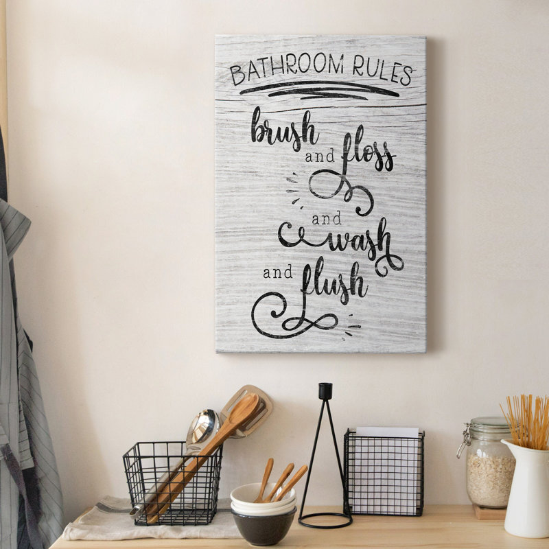 «Bathroom Rules», art textuel sur toile tendue, H 27 po x l 18 po x P 1 po