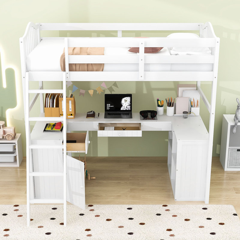 Esias Kids Twin Loft Bed with Drawers, White