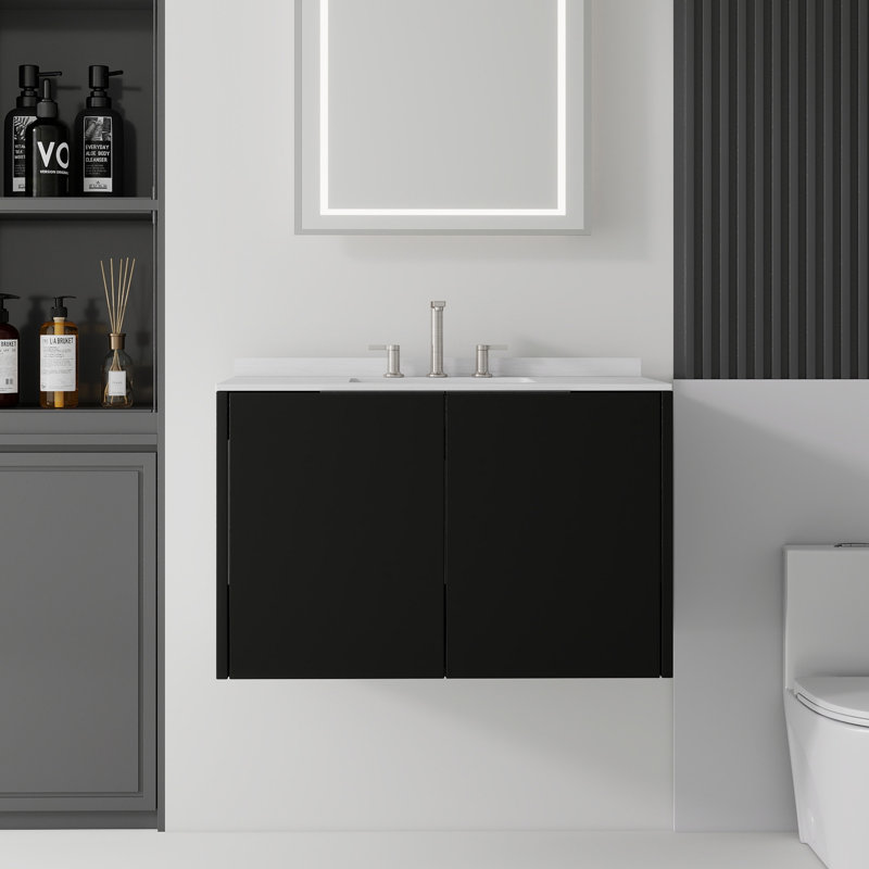 Meuble-lavabo flottant 36 po avec lavabo, porte à fermeture douce, comptoir en marbre de culture blanc Carrara 0,6 po et dosseret, contreplaqué, noir